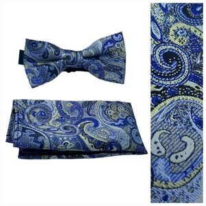 New Bow Tie Pocket Square 2pc Set Navy Gray Paisley Wedding Formal Prom Tuxedo